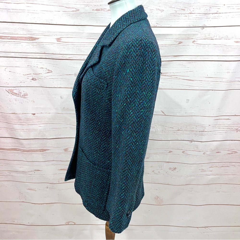 Vintage 80s 90s Saint Laurent Rive Gauche Teal Confetti Tweed Herringbone Blazer - Picture 5 of 11